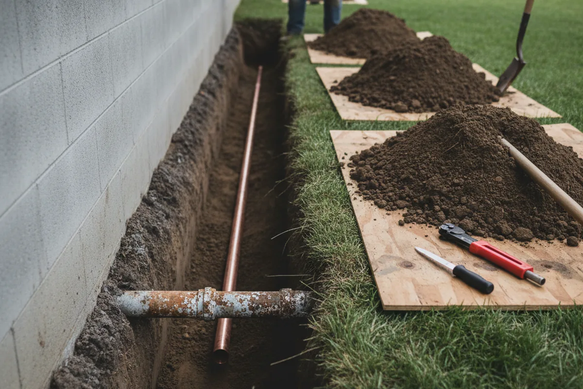 Excavated water line trench during Sewer Line Repair in Norwell